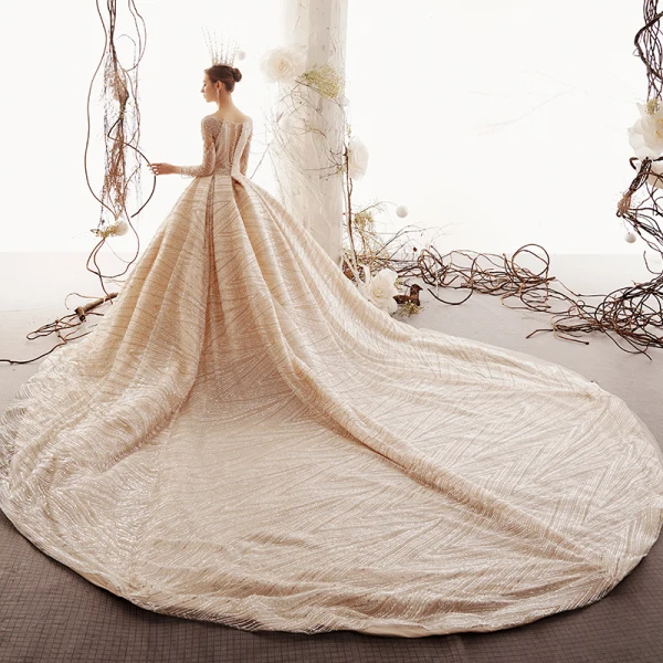 Scintillantes Champagne Transparentes Robe De Mariée 2019 Princesse Encolure Carrée 3/4 Manches Glitter Tulle Perlage Royal Train