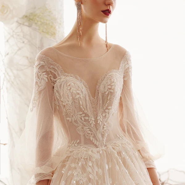 Illusion Champagne Transparentes Robe De Mariée 2019 Princesse Encolure Dégagée Gonflée 3/4 Manches Dos Nu Glitter Tulle Appliques En Dentelle Perlage Royal Train