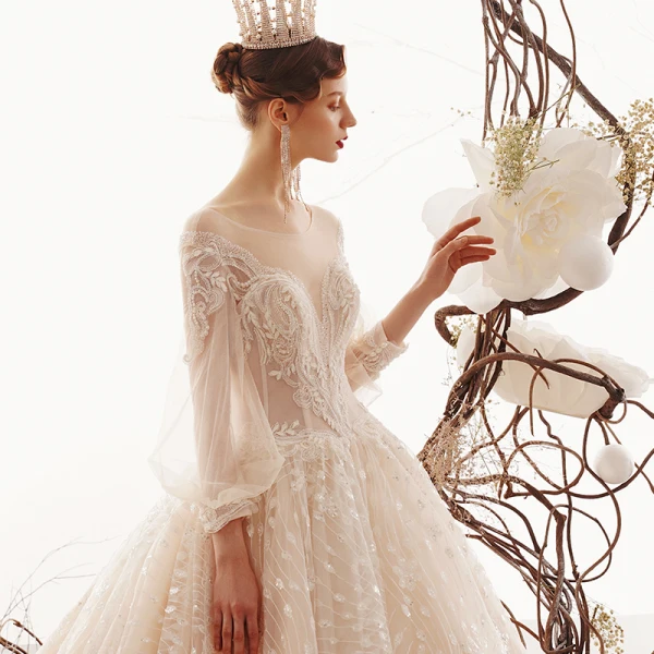 Illusion Champagne Transparentes Robe De Mariée 2019 Princesse Encolure Dégagée Gonflée 3/4 Manches Dos Nu Glitter Tulle Appliques En Dentelle Perlage Royal Train