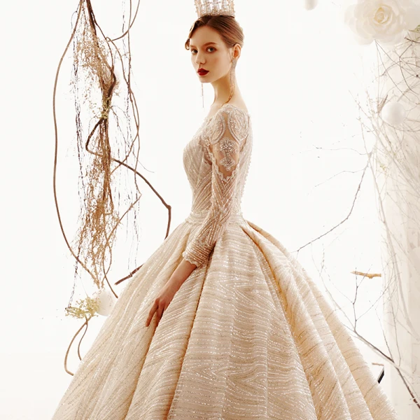 Scintillantes Champagne Transparentes Robe De Mariée 2019 Princesse Encolure Carrée 3/4 Manches Glitter Tulle Perlage Royal Train