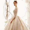 Sparkly Champagne See-through Wedding Dresses 2019 Princess Square Neckline 3/4 Sleeve Glitter Tulle Beading Royal Train