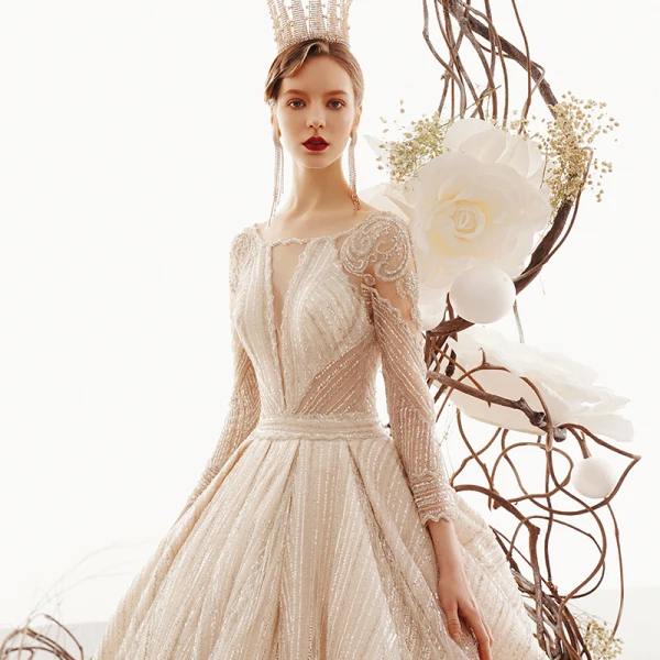 Scintillantes Champagne Transparentes Robe De Mariée 2019 Princesse Encolure Carrée 3/4 Manches Glitter Tulle Perlage Royal Train