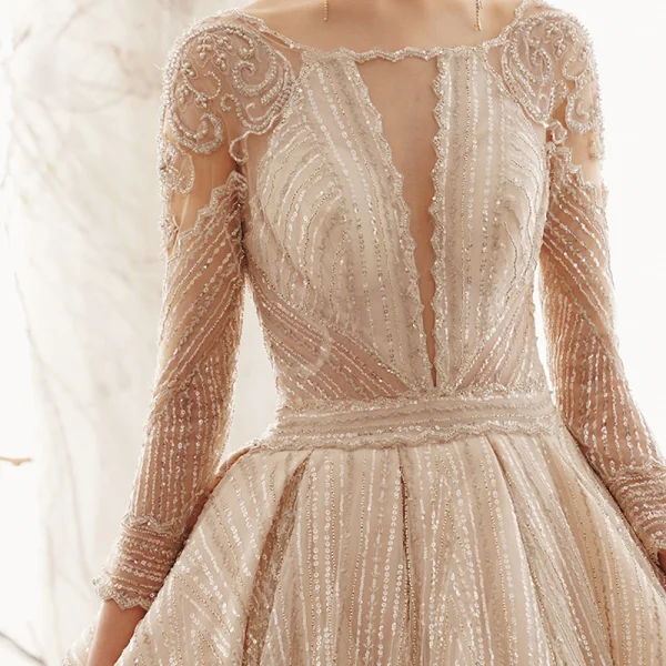 Scintillantes Champagne Transparentes Robe De Mariée 2019 Princesse Encolure Carrée 3/4 Manches Glitter Tulle Perlage Royal Train