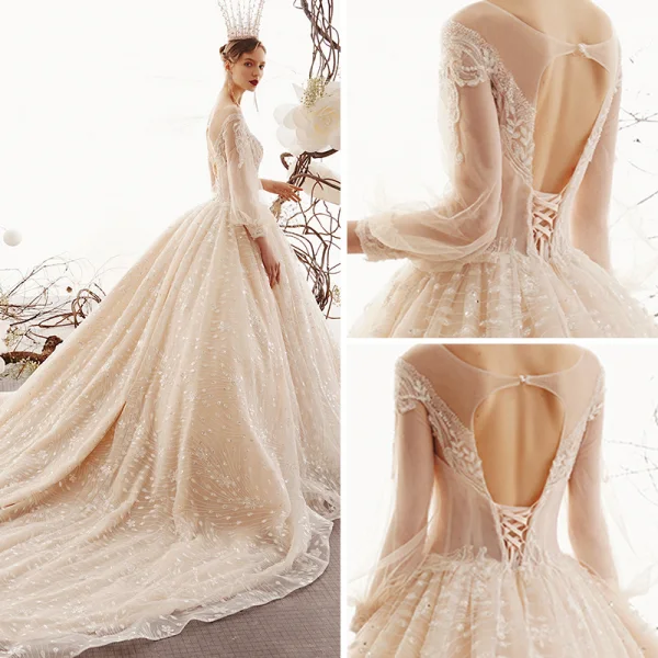 Illusion Champagne Transparentes Robe De Mariée 2019 Princesse Encolure Dégagée Gonflée 3/4 Manches Dos Nu Glitter Tulle Appliques En Dentelle Perlage Royal Train