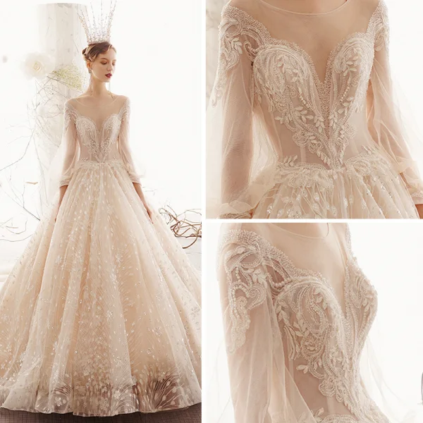 Illusion Champagne Transparentes Robe De Mariée 2019 Princesse Encolure Dégagée Gonflée 3/4 Manches Dos Nu Glitter Tulle Appliques En Dentelle Perlage Royal Train
