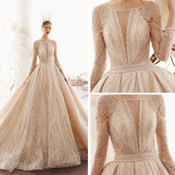 Scintillantes Champagne Transparentes Robe De Mariée 2019 Princesse Encolure Carrée 3/4 Manches Glitter Tulle Perlage Royal Train
