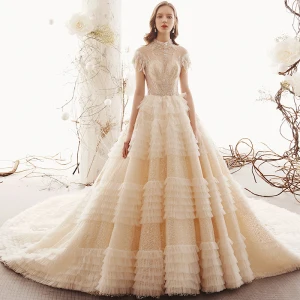 Vintage Champagne Genomskinliga Spets Bröllopsklänningar 2019 Prinsessa Hög Hals Ärmlös Halterneck Beading Royal Train Ruffle