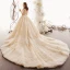 Vintage Champagner Durchsichtige Spitze Brautkleider / Hochzeitskleider 2019 Prinzessin Stehkragen Ärmellos Rückenfreies Perlenstickerei Königliche Schleppe Rüschen
