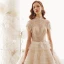 Vintage Champagner Durchsichtige Spitze Brautkleider / Hochzeitskleider 2019 Prinzessin Stehkragen Ärmellos Rückenfreies Perlenstickerei Königliche Schleppe Rüschen