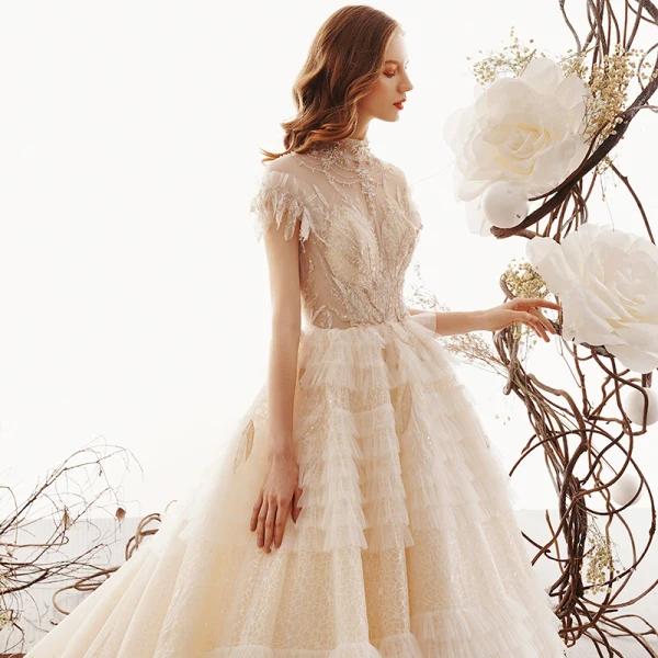 Vintage Champagner Durchsichtige Spitze Brautkleider / Hochzeitskleider 2019 Prinzessin Stehkragen Ärmellos Rückenfreies Perlenstickerei Königliche Schleppe Rüschen
