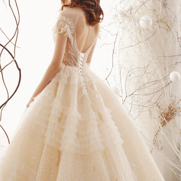 Vintage Champagner Durchsichtige Spitze Brautkleider / Hochzeitskleider 2019 Prinzessin Stehkragen Ärmellos Rückenfreies Perlenstickerei Königliche Schleppe Rüschen