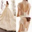 Vintage Champagner Durchsichtige Spitze Brautkleider / Hochzeitskleider 2019 Prinzessin Stehkragen Ärmellos Rückenfreies Perlenstickerei Königliche Schleppe Rüschen