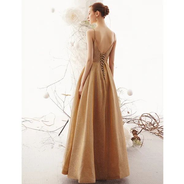 Modest Simple Champagne Gold Evening Dresses 2019 A-Line Princess Spaghetti Straps Long Modest Simple Champagne Gold Evening Dresses 2019 A-Line Princess Spaghetti Straps Long