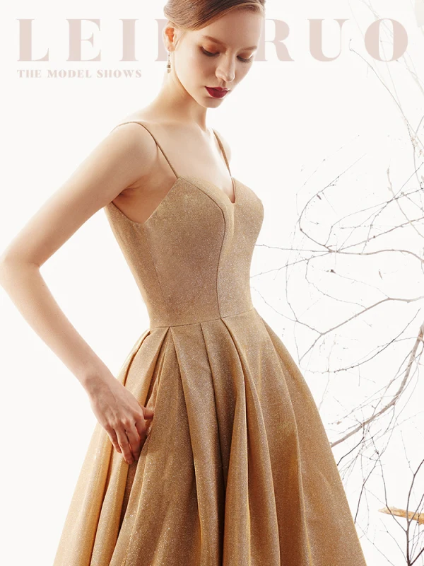 Modest Simple Champagne Gold Evening Dresses 2019 A-Line Princess Spaghetti Straps Long