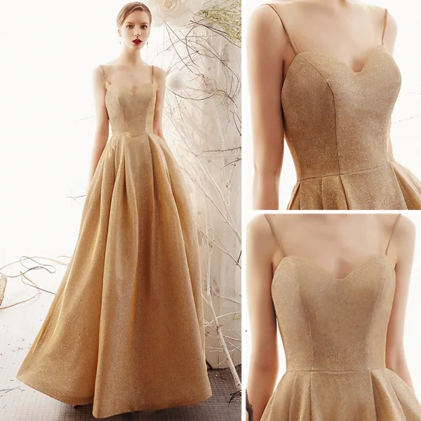 Modest / Simple Champagne Gold Evening Dresses 2019 A-Line / Princess Spaghetti Straps Sleeveless Glitter Polyester Floor-Length / Long Backless Formal Dresses