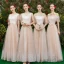 Elegant Champagne Bridesmaid Dresses 2019 A-Line / Princess Spotted Tulle Bow Sash Floor-Length / Long Ruffle Wedding Party Dresses