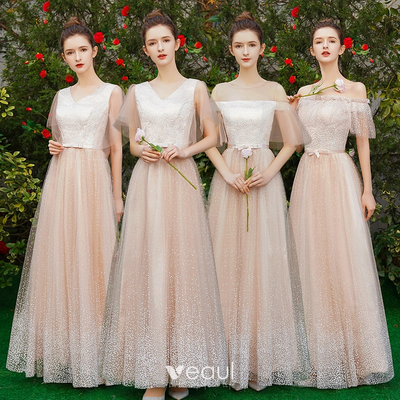 Elegant Champagne Bridesmaid Dresses 2019 A Line Princess Spotted Tulle Bow Sash Floor Length Long Ruffle Wedding Party Dresses