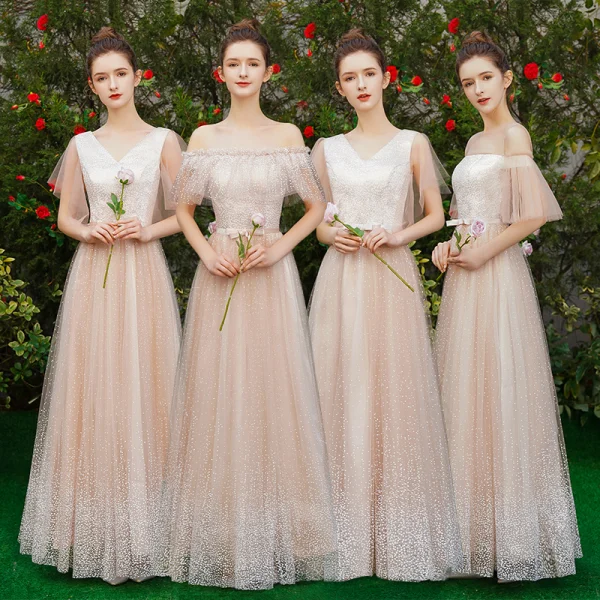 Elegant Champagne Bridesmaid Dresses 2019 A-Line / Princess Spotted Tulle Bow Sash Floor-Length / Long Ruffle Wedding Party Dresses