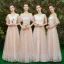 Elegant Champagne Bridesmaid Dresses 2019 A-Line / Princess Spotted Tulle Bow Sash Floor-Length / Long Ruffle Wedding Party Dresses