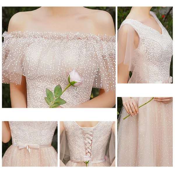 Elegant Champagne Bridesmaid Dresses 2019 A-Line / Princess Spotted Tulle Bow Sash Floor-Length / Long Ruffle Wedding Party Dresses