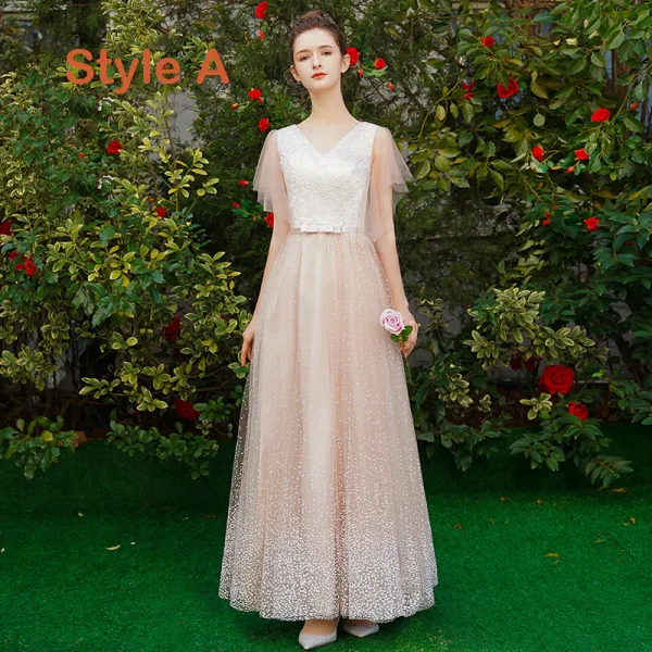 Elegant Champagne Bridesmaid Dresses 2019 A-Line / Princess Spotted Tulle Bow Sash Floor-Length / Long Ruffle Wedding Party Dresses Elegant Champagne Bridesmaid Dresses 2019 A-Line / Princess Spotted Tulle Bow Sash Floor-Length / Long Ruffle Wedding Party Dresses