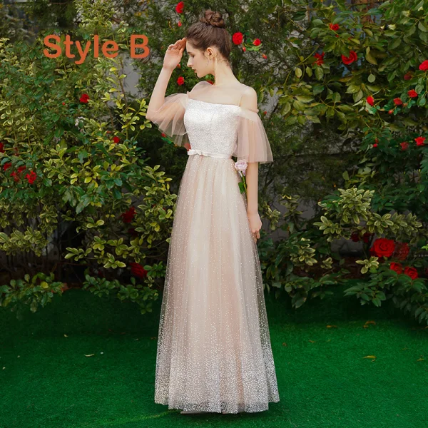 Elegant Champagne Bridesmaid Dresses 2019 A-Line / Princess Spotted Tulle Bow Sash Floor-Length / Long Ruffle Wedding Party Dresses
