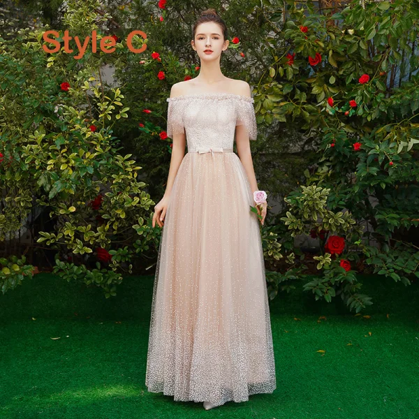 Elegant Champagne Bridesmaid Dresses 2019 A-Line / Princess Spotted Tulle Bow Sash Floor-Length / Long Ruffle Wedding Party Dresses
