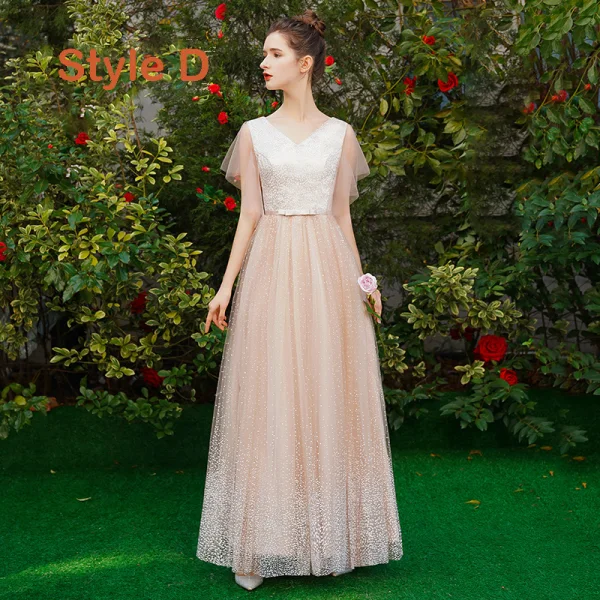 Elegant Champagne Bridesmaid Dresses 2019 A-Line / Princess Spotted Tulle Bow Sash Floor-Length / Long Ruffle Wedding Party Dresses