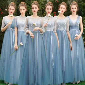 Discount Sky Blue Bridesmaid Dresses 2019 A Line Princess Sash Appliques Lace Floor Length Long Backless Wedding Party Dresses