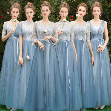 Discount Sky Blue Bridesmaid Dresses 2019 A Line Princess Sash Appliques Lace Floor Length Long Backless Wedding Party Dresses