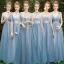 Discount Sky Blue Bridesmaid Dresses 2019 A-Line / Princess Sash Appliques Lace Floor-Length / Long Backless Wedding Party Dresses