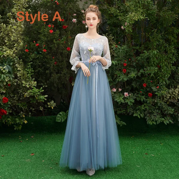 Discount Sky Blue Bridesmaid Dresses 2019 A-Line / Princess Sash Appliques Lace Floor-Length / Long Backless Wedding Party Dresses