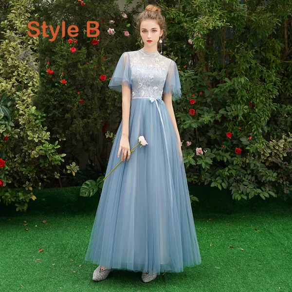 Discount Sky Blue Bridesmaid Dresses 2019 A-Line / Princess Sash Appliques Lace Floor-Length / Long Backless Wedding Party Dresses