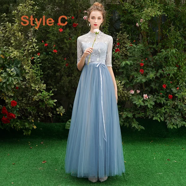 Discount Sky Blue Bridesmaid Dresses 2019 A-Line / Princess Sash Appliques Lace Floor-Length / Long Backless Wedding Party Dresses