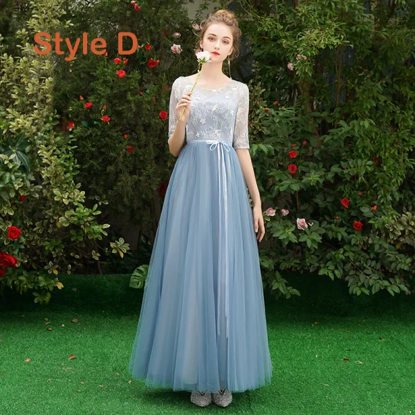 Discount Sky Blue Bridesmaid Dresses 2019 A-Line / Princess Sash Appliques Lace Floor-Length / Long Backless Wedding Party Dresses