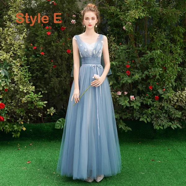 Discount Sky Blue Bridesmaid Dresses 2019 A-Line / Princess Sash Appliques Lace Floor-Length / Long Backless Wedding Party Dresses