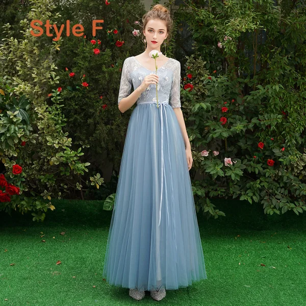 Discount Sky Blue Bridesmaid Dresses 2019 A-Line / Princess Sash Appliques Lace Floor-Length / Long Backless Wedding Party Dresses
