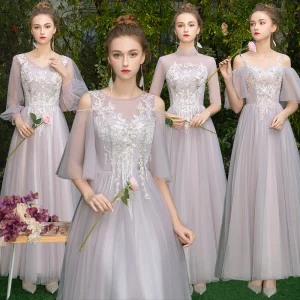 Elegant Grey Blushing Pink See Through Bridesmaid Dresses 2019 A Line Princess Appliques Lace Floor Length Long Ruffle Backless Wedding Party Dresses