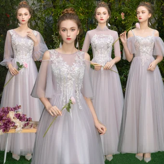 Elegant Grey Blushing Pink See Through Bridesmaid Dresses 2019 A Line Princess Appliques Lace Floor Length Long Ruffle Backless Wedding Party Dresses