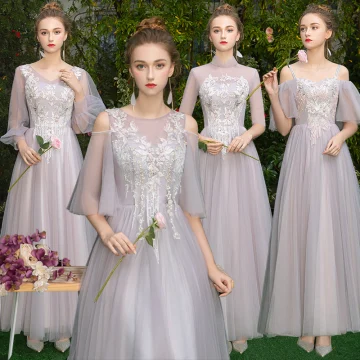 Elegant Grey Blushing Pink See Through Bridesmaid Dresses 2019 A Line Princess Appliques Lace Floor Length Long Ruffle Backless Wedding Party Dresses