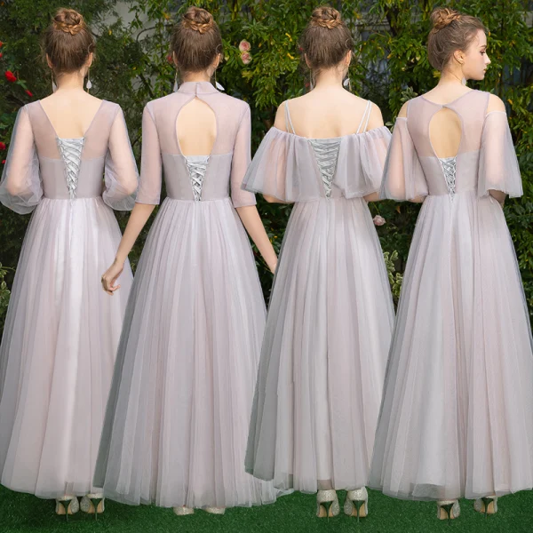Elegant Grey Blushing Pink See-through Bridesmaid Dresses 2019 A-Line / Princess Appliques Lace Floor-Length / Long Ruffle Backless Wedding Party Dresses