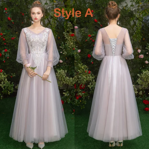 Elegant Grey Blushing Pink See-through Bridesmaid Dresses 2019 A-Line / Princess Appliques Lace Floor-Length / Long Ruffle Backless Wedding Party Dresses