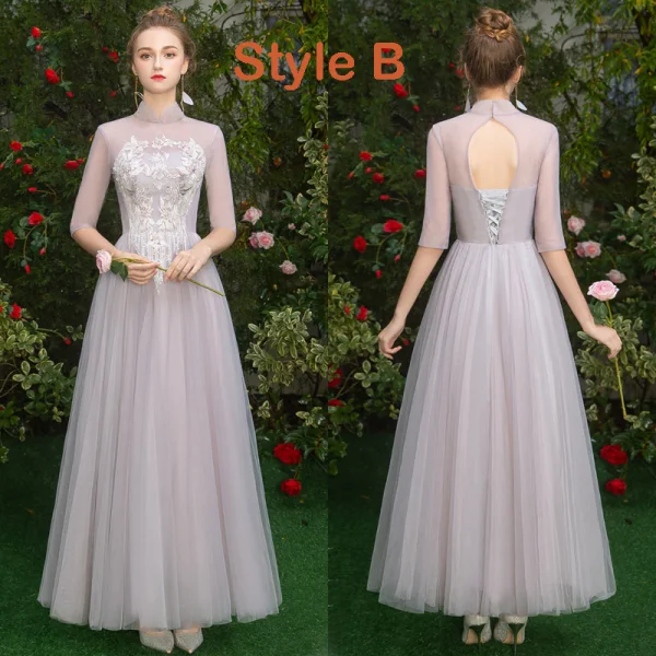 Elegant Grey Blushing Pink See-through Bridesmaid Dresses 2019 A-Line / Princess Appliques Lace Floor-Length / Long Ruffle Backless Wedding Party Dresses