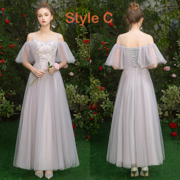 Elegant Grey Blushing Pink See-through Bridesmaid Dresses 2019 A-Line / Princess Appliques Lace Floor-Length / Long Ruffle Backless Wedding Party Dresses