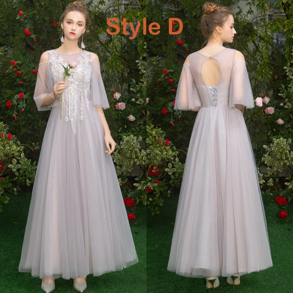 Elegant Grey Blushing Pink See-through Bridesmaid Dresses 2019 A-Line / Princess Appliques Lace Floor-Length / Long Ruffle Backless Wedding Party Dresses