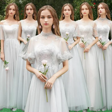 Chic Beautiful Grey See Through Bridesmaid Dresses 2019 A Line Princess Appliques Lace Floor Length Long Ruffle Wedding Party Dresses
