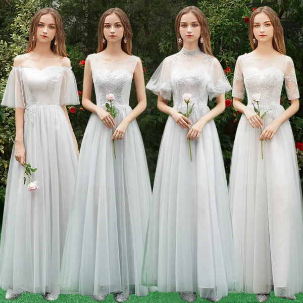 Chic / Beautiful Grey See-through Bridesmaid Dresses 2019 A-Line / Princess Appliques Lace Floor-Length / Long Ruffle Wedding Party Dresses