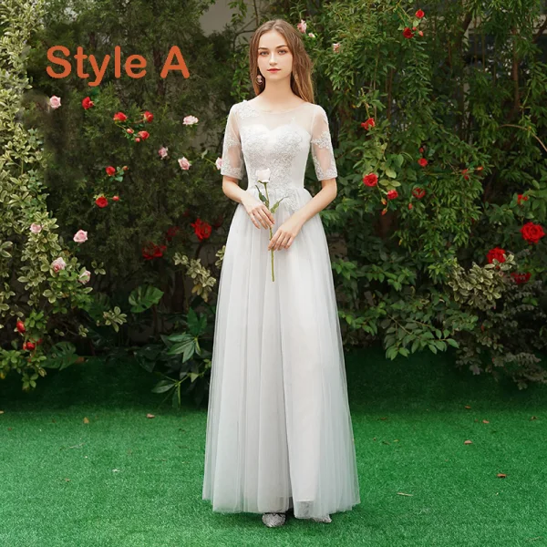 Chic / Beautiful Grey See-through Bridesmaid Dresses 2019 A-Line / Princess Appliques Lace Floor-Length / Long Ruffle Wedding Party Dresses