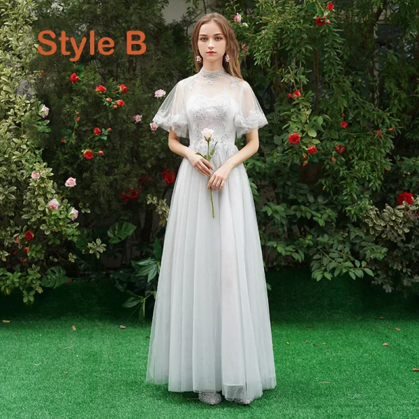 Chic / Beautiful Grey See-through Bridesmaid Dresses 2019 A-Line / Princess Appliques Lace Floor-Length / Long Ruffle Wedding Party Dresses