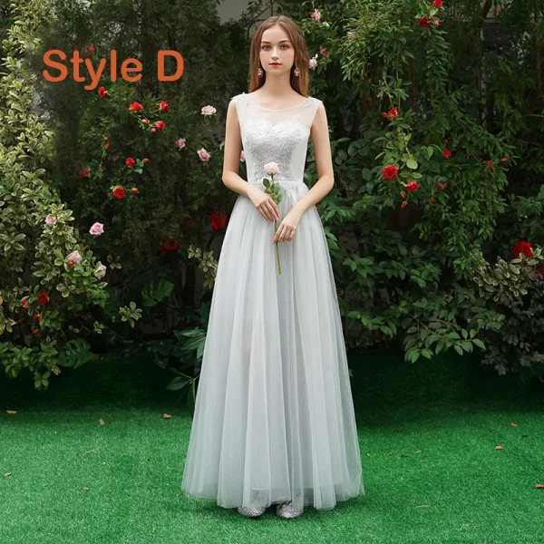Chic / Beautiful Grey See-through Bridesmaid Dresses 2019 A-Line / Princess Appliques Lace Floor-Length / Long Ruffle Wedding Party Dresses